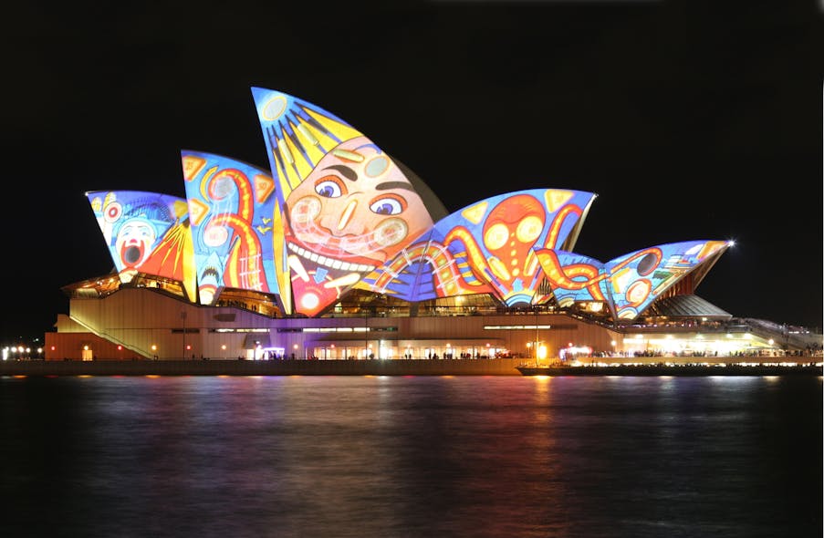 FIG. 3. Projection mapping, or video mapping, at Vivid Sydney, Australia shows how brilliantly colors and optical effects can be rendered with advanced SSL techniques. (Photo credit: Image by Adam.J.W.C. via Wikimedia Commons at https://bit.ly/35zSIwt; used under CC BY-SA 2.5.)