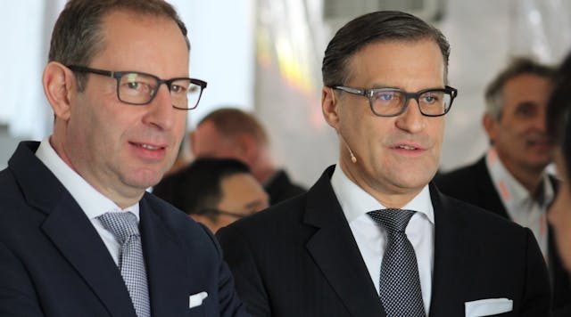Osram CEO Olaf Berlien (r) and chief technology officer Stefan Kampmann hinted at the breakup of its joint venture with Continental in July, when Osram took a &euro;48 million impairment charge for the JV and Berlien described it as continually &ldquo;dilutive&rdquo; and under &ldquo;ongoing review.&rdquo; Kampmann said the two companies were considering &ldquo;three different scenarios.&rdquo; (Photo credit: November 2017 photo from Kulim, Malaysia, courtesy of Mark Halper.)
