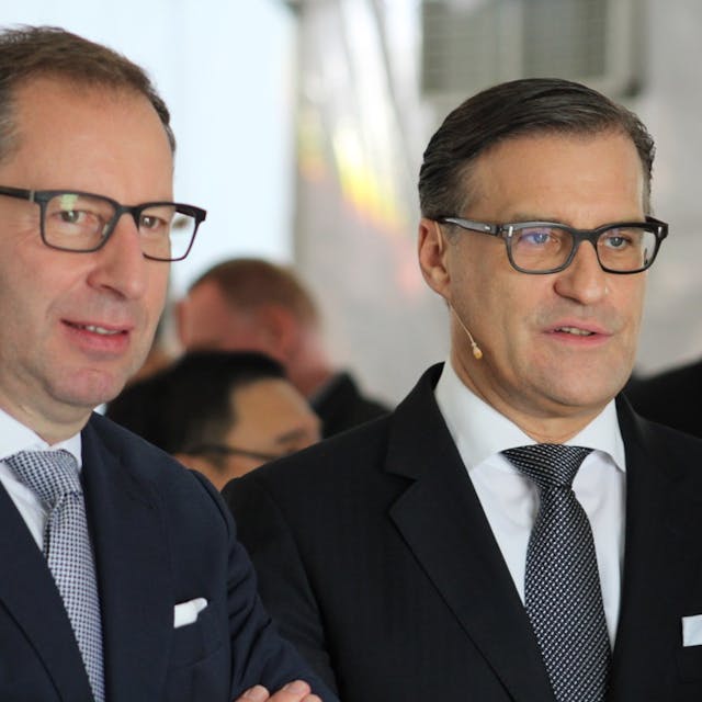 Osram CEO Olaf Berlien (r) and chief technology officer Stefan Kampmann hinted at the breakup of its joint venture with Continental in July, when Osram took a &euro;48 million impairment charge for the JV and Berlien described it as continually &ldquo;dilutive&rdquo; and under &ldquo;ongoing review.&rdquo; Kampmann said the two companies were considering &ldquo;three different scenarios.&rdquo; (Photo credit: November 2017 photo from Kulim, Malaysia, courtesy of Mark Halper.)