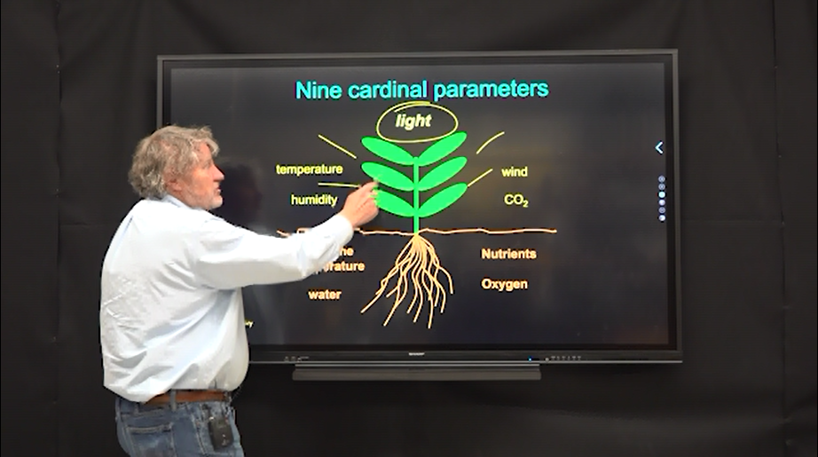 Keynote speaker and well-known researcher Bruce Bugbee opened day 1 of the HortiCann Light + Tech virtual conference. (Photo credit: Image capture from HortiCann video presentation.)