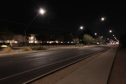 Smart-city technology in Tucson, AZ allows dimming of LED street lights to 30% of maximum (shown). The city&rsquo;s light levels and sky glow impact from street lights were referenced in a recent study by scientists representing Germany, the United States, and Ireland. (Photo credit: Image by John Barentine, researcher on the project, via GFZ German Research Centre for Geosciences; http://bit.ly/3f9CGfB.)