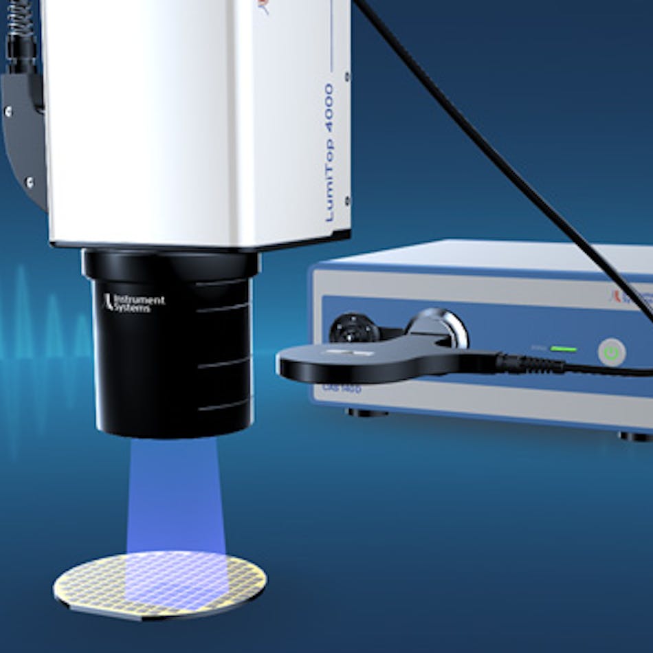 The camera-based measurement solution with the LumiTop 4000 in combination with a 100 mm macro lens permits fast parallel analysis of the &mu;LEDs of a wafer.