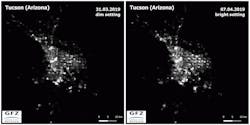 Side-by-side comparisons of satellite imagery taken above Tucson, AZ shows that dimming LED street lights to 30% (left) and operating the lights at 100% power (right) were part of the research team&rsquo;s experiments in determining the lights&rsquo; contribution to light pollution or sky glow. (Photo credits: Images taken from a GIF of two frames captured by NASA satellite Suomi NPP; images in the public domain per NASA guidelines at: http://go.nasa.gov/38W0suf.)