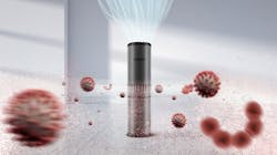 In this Osram rendering of an AirZing Pro version of the UV-C canister, the product is sucking in coronavirus and other baddies through the middle, and expelling clean air out the top. (Photo credit: Enhanced image rendering courtesy of Osram.)