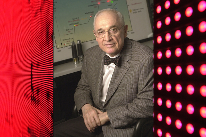 Some people regard it as a snub that Nick Holonyak, pictured, has not won Nobel honors for his work in red LEDs. The QE foundation today bestowed honors on him, on Nobel laureates Shuji Nakamura and Isamu Akasaki, and on a couple of distinguished Holonyak proteges. (Photo credits: Image of Nick Holonyak in the public domain in the US via Wikimedia Commons - http://bit.ly/3rdnXow; red LEDs by Michael Bußmann via Pixabay; used under free license for commercial or non-commercial purposes.)