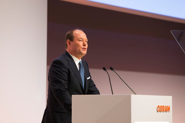 When Ingo Bank reports for his first day as Osram CEO on Monday he&rsquo;ll be a familiar face, having served as Osram CFO for nearly four years, until last May when he joined ams as CFO. He&rsquo;s pictured here at Osram in 2017. He will now work two jobs: CFO at ams and top boss at Osram. (Photo credit: File photo courtesy of Osram.)