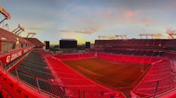 Tampa Bay&rsquo;s Raymond James Stadium is preparing for the National Football League&rsquo;s Super Bowl Sunday with Chromabeams LED luminaires capable of delivering 2 million color options in addition to white light for the playing field, according to provider Sportsbeams Lighting. (Photo credit: Image courtesy of Sportsbeams Lighting.)