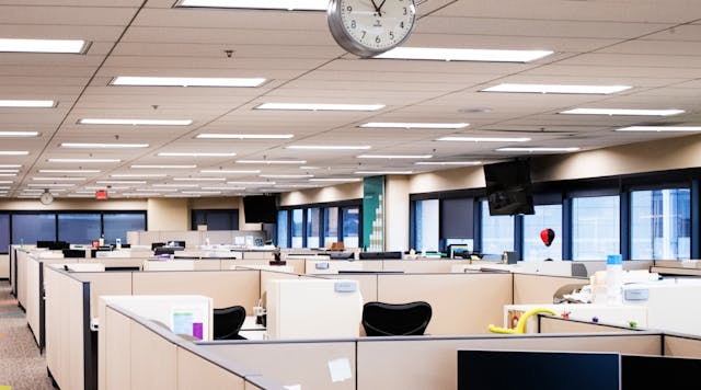 Bluetooth mesh blankets nearly 471,000 ft2 of office space with connectivity, featuring luminaire-level lighting controls (LLLC) and more than 700 control zones for multiple building tenants. (Photo credit: Image courtesy of Silvair.)