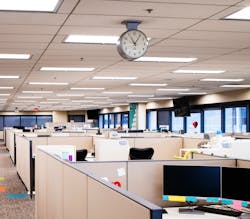 Bluetooth mesh blankets nearly 471,000 ft2 of office space with connectivity, featuring luminaire-level lighting controls (LLLC) and more than 700 control zones for multiple building tenants. (Photo credit: Image courtesy of Silvair.)