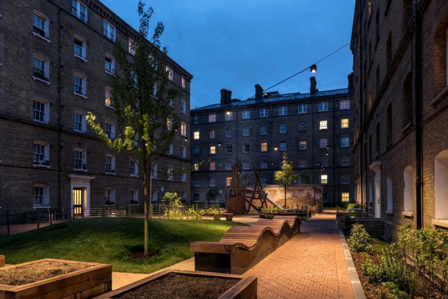 Centre for London encourages more lighting overhauls such as at the Shadwell housing estate in the Tower Hamlets section, where the lighting is now softer and less intrusive. (Photo credit: Image courtesy of LFB and Peabody.)