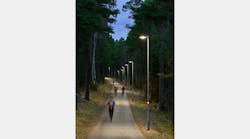Fagerhult&rsquo;s Evolume luminaires brighten and dim on a jogging and cycling track in Gavle, Sweden, enabled by integrated Seneco motion detectors and controllers. (Photo credit: Image courtesy of Fagerhult.)
