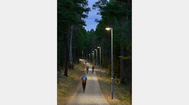 Fagerhult&rsquo;s Evolume luminaires brighten and dim on a jogging and cycling track in Gavle, Sweden, enabled by integrated Seneco motion detectors and controllers. (Photo credit: Image courtesy of Fagerhult.)