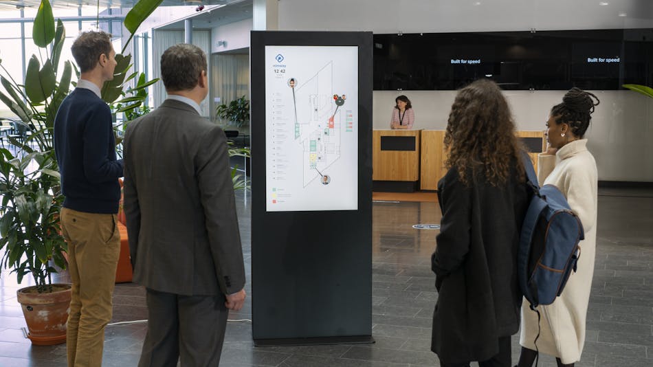 The Sony Nimway system includes maps on phones as well as on office displays such as the one pictured above, which can now be populated with information gathered by Fagerhult&rsquo;s connected lighting. (Photo credit: Image courtesy of Sony.)