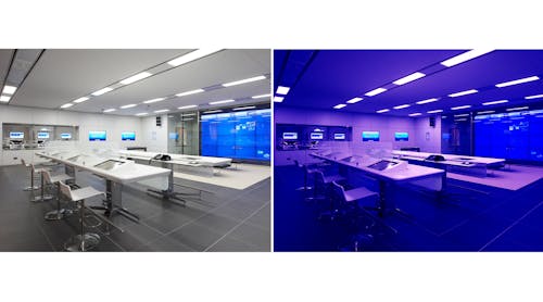 The Vyv visible light disinfection technology can mix white and violet output when people are present in a space, of switch to a violet-only mode with higher output power when a space is vacant. (Photo credit: Images courtesy of Vyv.)