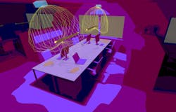 FIG. 3. The rendering shows simulation of UV light in an office space. Bright areas receive more UV light than dark areas. A calculation plane on the desktops indicates iso-irradiance curves (254-nm UV light irradiance in mW/sq. m).