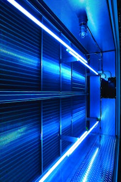 FIG. 1. UV-C tubes inside HVAC air handlers can deactivate SARS-CoV-2 while improving the efficiency and extending the lifetime of the HVAC system. (Photo credit: Image courtesy of UV Resources.) FIG. 1. UV-C tubes inside HVAC air handlers can deactivate SARS-CoV-2 while improving the efficiency and extending the lifetime of the HVAC system. (Photo credit: Image courtesy of UV Resources.)