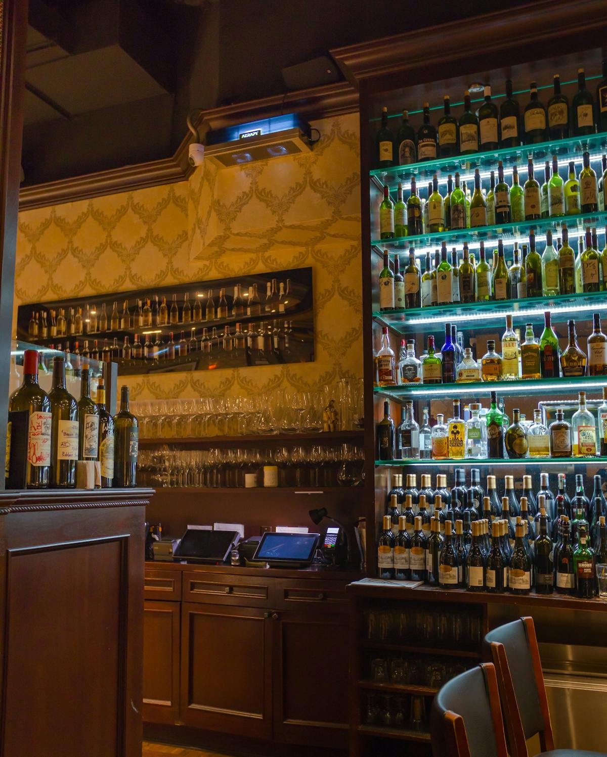 FIG. 2. A wall-mounted Aerapy upper-air system provides 180&deg; of protection in the bar area of Rocco Steakhouse. (Photo credit: Image courtesy of Aerapy.)