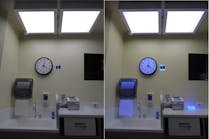 The UV-A-band 365DisInFx technology shown with the UV LEDs off (left) and on (right) can be safely used in a space where people are present and the system does still deliver functional lighting. (Photo credit: Images courtesy of Leviton.)
