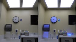 The UV-A-band 365DisInFx technology shown with the UV LEDs off (left) and on (right) can be safely used in a space where people are present and the system does still deliver functional lighting. (Photo credit: Images courtesy of Leviton.)