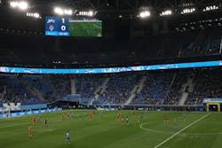 Gazprom Arena in St. Petersburg switched on new Signify LED field lighting recently, replacing Signify HID lighting which it used for only two or three years. The blue fan excitement lighting comes from another vendor. (Photo credit: Image courtesy of Signify.)