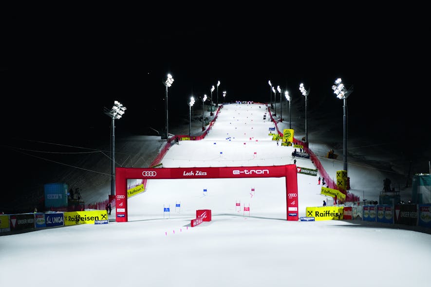 Sports lighting presents a novel challenge when dealing with snowy reflective surfaces in Austria. Zumtobel&rsquo;s Thorn LED luminaires deliver uniform light for various conditions on the ski piste. (Photo credit: Image courtesy of Thorn/Zumtobel Group.)