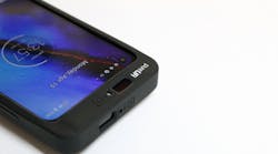 PureLiFi last April put a laser Li-Fi chip into the phone case that surrounds this smartphone. The company says its laser components are applicable to both end user devices and to the access points that send data to those devices. (Photo credit: Image courtesy of pureLiFi.)
