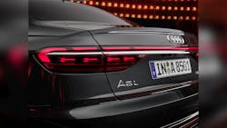 If you&rsquo;re spending $86,500 on a luxury car, you might well expect some lighting design such as with the geometric patterns of the OLED tail lights on the new A8. (Photo credit: Image courtesy of Audi.)