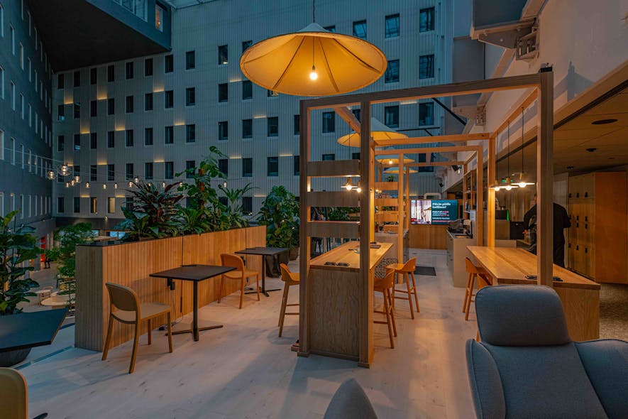 The LED lights create atmosphere in Valo&rsquo;s courtyard. They also keep an eye on you if you opt in. (Photo credit: Image courtesy of Mount Kelvin.)