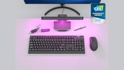 In this image, the lamp is disinfecting a keyboard, a phone, keys, and a mouse. The &ldquo;2021&rdquo; award came roughly a year before the Targus UV-C product recently received UL approval. (Photo credit: Image courtesy of Targus.)