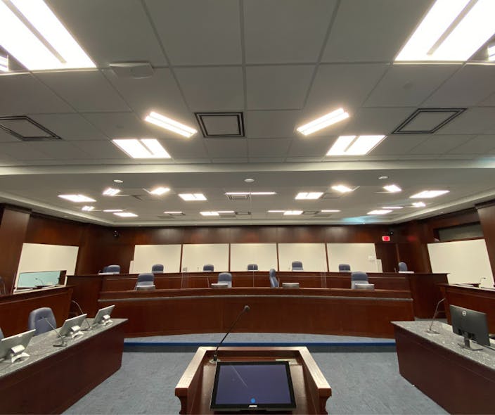 Prince George&apos;s County hearing room with 22 Flex-T broadcast-quality lights from Brightline.