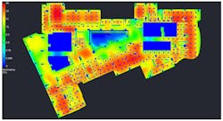 Heatmap of targeted light levels throughout the office designed by Dyer Brown.