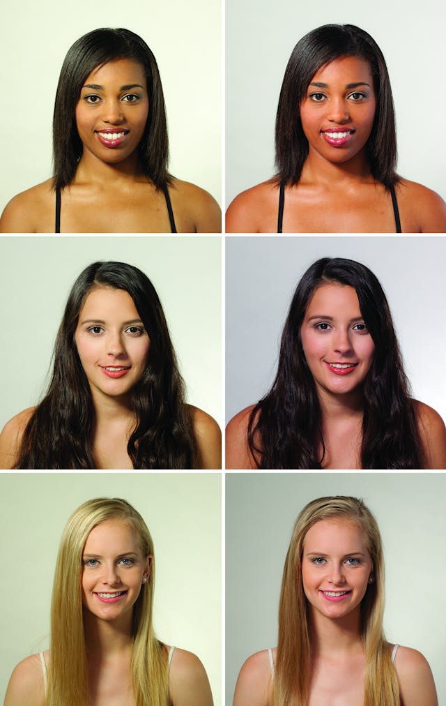 FIG. 2. The effect of high color rendering light sources on skin. On the left, the subjects are lit with a 3000K, 80-CRI LED; on the right, with a 3000K, 95-CRI LED.