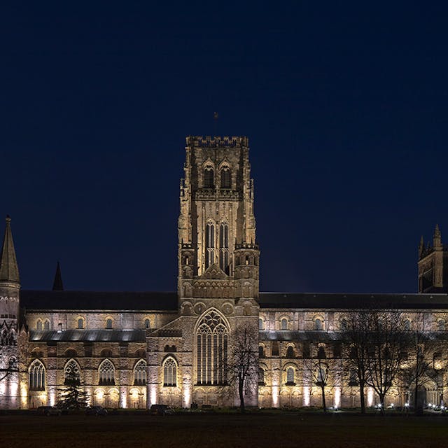 Durham&apos;s central tower and cathedral walls use a mix of LED floods and narrow beam luminaires.