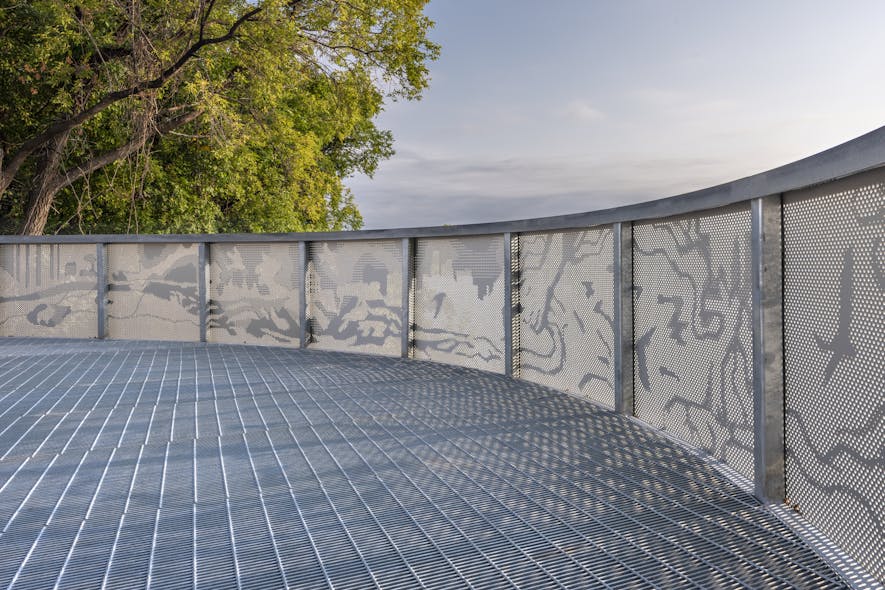 Local Juxtaposition Arts center students contributed a combination of indigenous and contemporary city symbolism to create artistic patterns in the steel mesh surrounding the Overlook.