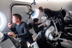 Astronauts (from left) Kjell Lindgren, Jessica Watkins, and Bob Hines in the SpaceX Dragon Freedom late last April on their way up to the ISS, where their duties include looking after the new XROOTS, the latest onboard LED-lit horticultural project.