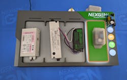 NexGen Power Systems SEO Dinesh Ramanathan compared the company&apos;s Vertical GaN-enabled power electronics technology (far right) to competitive LED drivers, demonstrating the compact form factor and explaining efficiency gains.