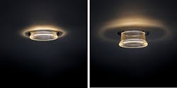 FIG. 2. Edge-X optics create an indirect uplight at the same time as the downlight using refraction to split the light distribution. The halo effect can be adjusted by extending the optic downwards or upwards from the flush mount in the ceiling.