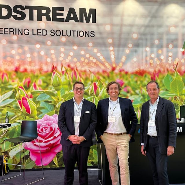 From left to right: Midstream&rsquo;s technical director Paolo Corno, commercial director Yuli Grig, and new head of horticulture Jonathan Barton. They are pictured here at the GreenTech exhibition in Amsterdam last June before the acquisition, when Barton was managing director of Hyperion.