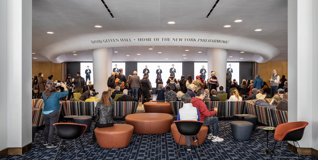 Geffen Hall&rsquo;s ticket office, welcome center, and lobby area feature &ldquo;a constellation of big sources,&rdquo; said FMS principal and studio director Paula Martinez-Nobles.