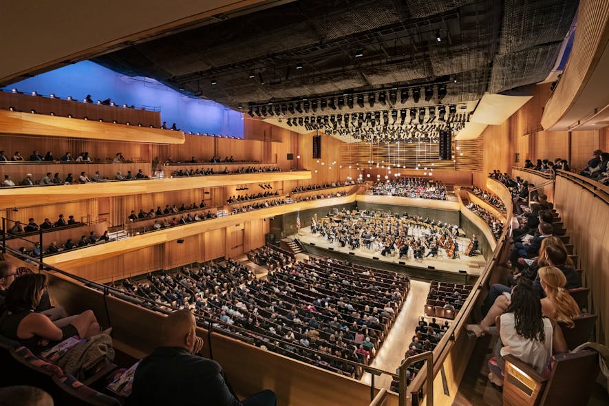 Customized, warm-CCT wall washers from Radiant Architectural Lighting dapple the Wu Tsai Theater&rsquo;s expansive beech wood panels, achieving a rich visual effect while respecting the concert hall&rsquo;s optimized acoustical design.