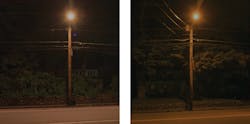FIG. 1. The town of Pepperell sought an energy-efficient, dark-sky friendly LED replacement (right) for its previous high-pressure sodium streetlamps (left), and selected a 2200K-CCT model that residents approved.