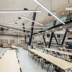 Finland&rsquo;s Savo Vocational College has deployed Glamox C80 luminaires such as those pictured above (the long rectangular models) at its Savilahti campus in Kuopio. Glamox now fabricates the LED luminaires from recycled aluminum.