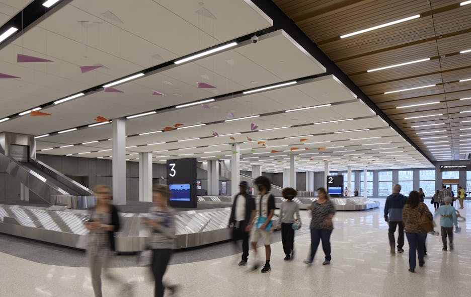 The H.E. Williams MX4S linear downlight appears in many locations throughout the terminal interior to reinforce the I-shaped plan of the facility.