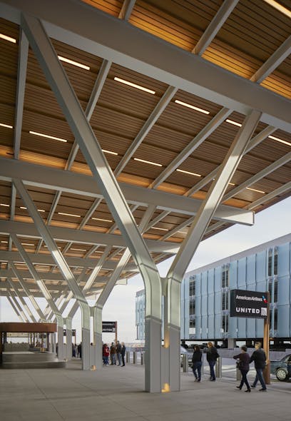 At the Kansas City International Airport&rsquo;s new terminal, luminaires in the exterior canopy are custom-designed to match interior fixtures to create design continuity.