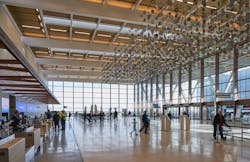 Daylight zones at the perimeter of the terminal deploy photosensors and automatic controls for daylight harvesting. Daylight zones at the perimeter of the terminal deploy photosensors and automatic controls for daylight harvesting.