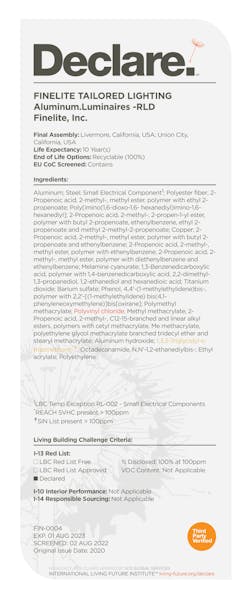 A sample Declare label for Finelite luminaires shows the materials listed as part of transparency initiatives. A sample Declare label for Finelite luminaires shows the materials listed as part of transparency initiatives.
