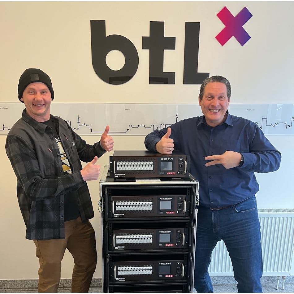 L-R: btl&apos;s Julian Siewertsen and Michael Terwint with the company&apos;s new GEN VI racks purchased via German distributor LMP Lichttechnik.