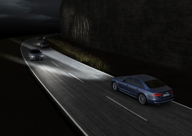FIG. 2. With advanced headlight systems, the windshield of a vehicle approaching in the opposite direction or the rearview mirror of a followed vehicle can be in continuous shadow at any time, at any distance, and at any speed. Image courtesy Audi of America.