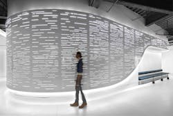 The illuminated aluminum screen is one of two custom pieces designed by Yellow Goat (in process above) for the Uber headquarters. The illuminated aluminum screen is one of two custom pieces designed by Yellow Goat (in process above) for the Uber headquarters.