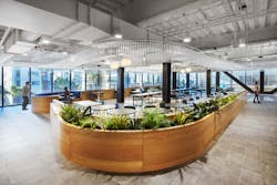 Along the Uber workspace café, acrylic rods in a ceiling-mounted sculptural ribbon reflect and diffuse the light from nearby fixtures, curving to echo the furnishings. Along the Uber workspace café, acrylic rods in a ceiling-mounted sculptural ribbon reflect and diffuse the light from nearby fixtures, curving to echo the furnishings.